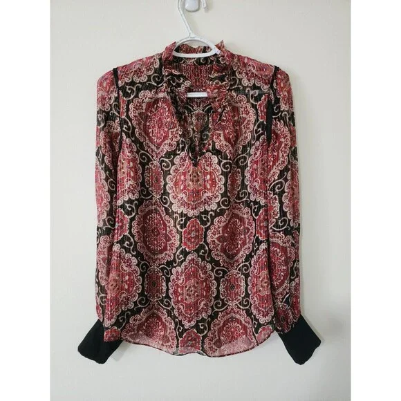 Kate Spade Womens Blouse Red Gold Black Long Sleeve Ruffles Sheer *FLAW* Size S - Picture 3 of 9